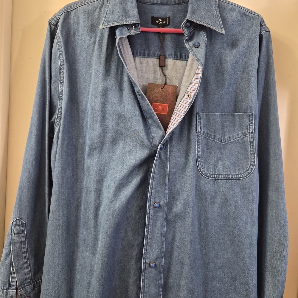Etro Blue Denim Shirt with Pink Tag Accent